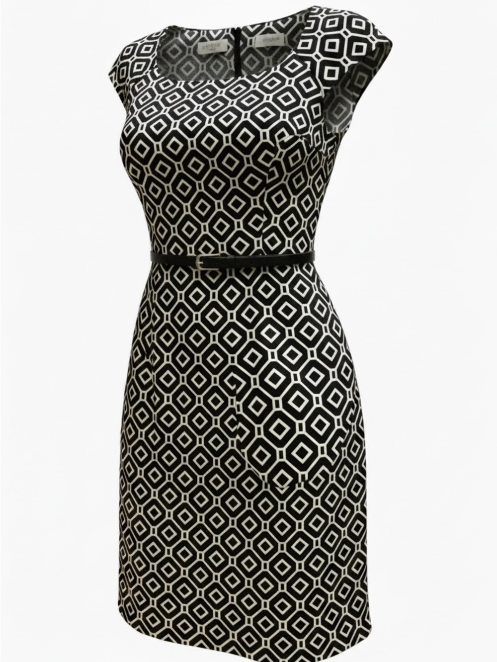Kasper Black and White Geometric Midi Sheath Dress